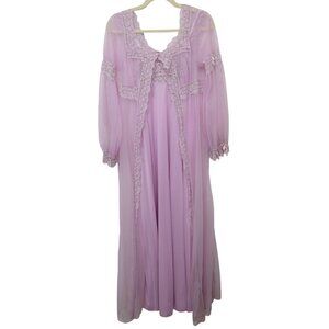 Glydons Vintage 70s Lavender Chiffon Gown Lace Robe Peignoir Set Wedding